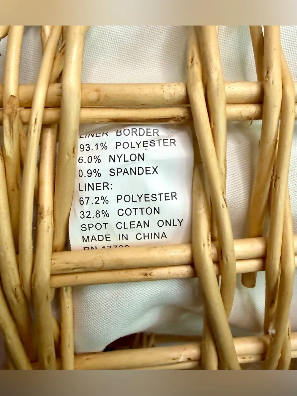Natural wicker and rattan storage basket w/ fabric liner and knit cuff